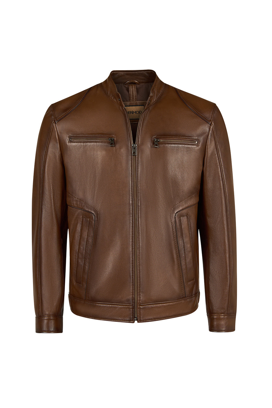Christ Male Brown Mandarin Collar Leather Jacket