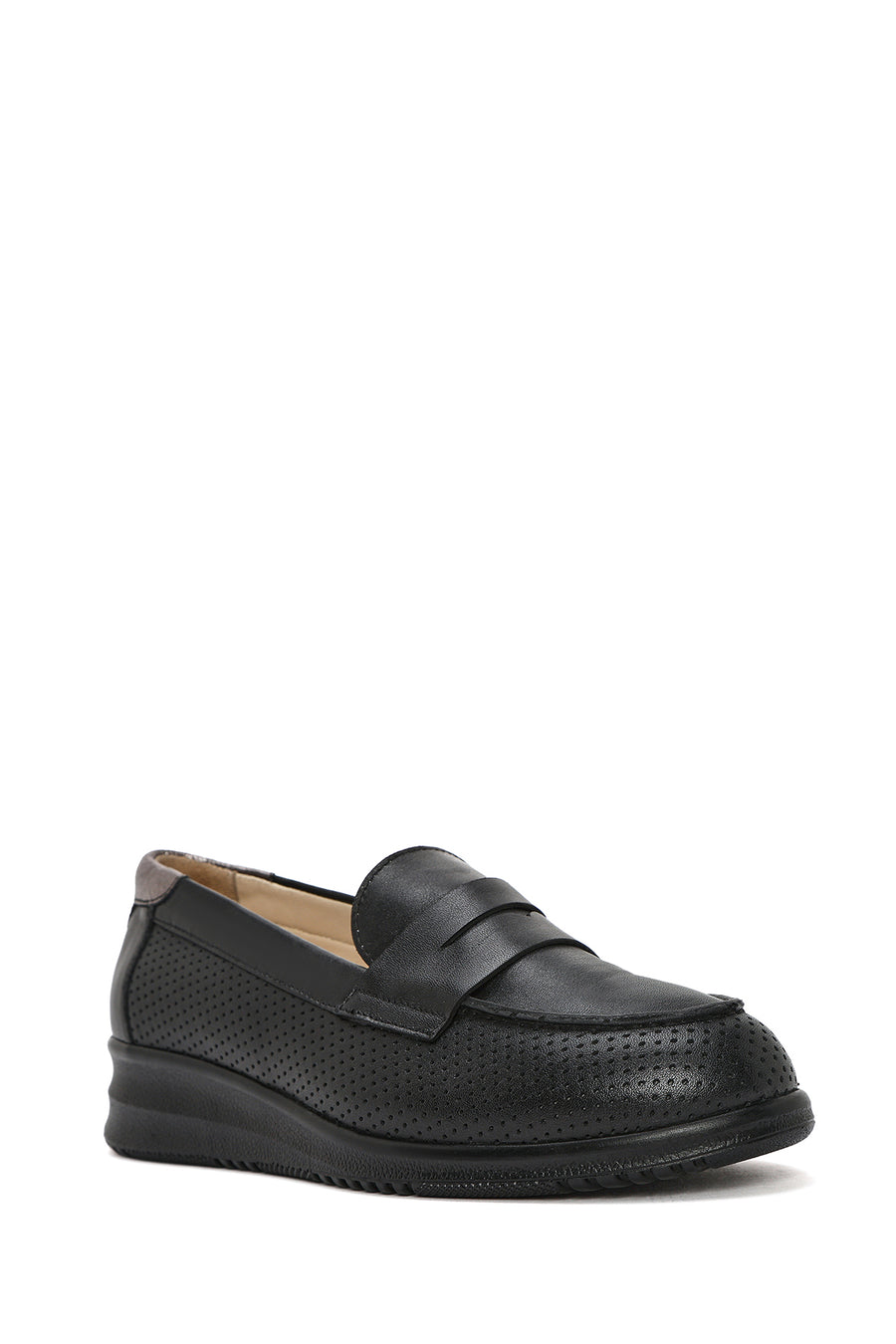 Women's Black Wedge Heel Leather Comfort Loafer
