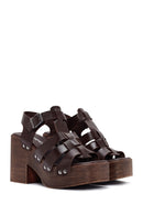 Women's Brown Thick Heeled Buckle Leather Sandals | Derimod