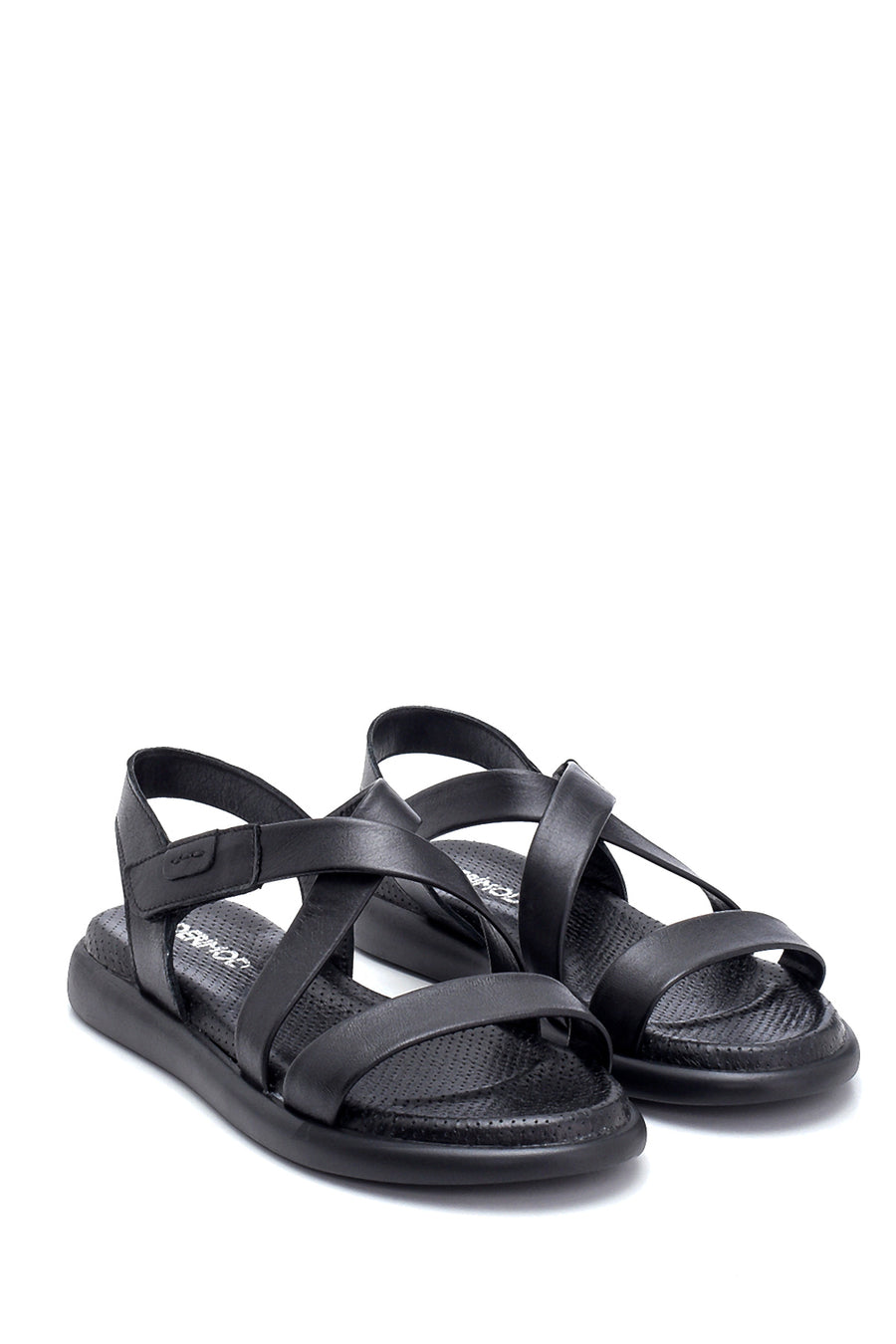 Women's Black Leather Flat Sandals