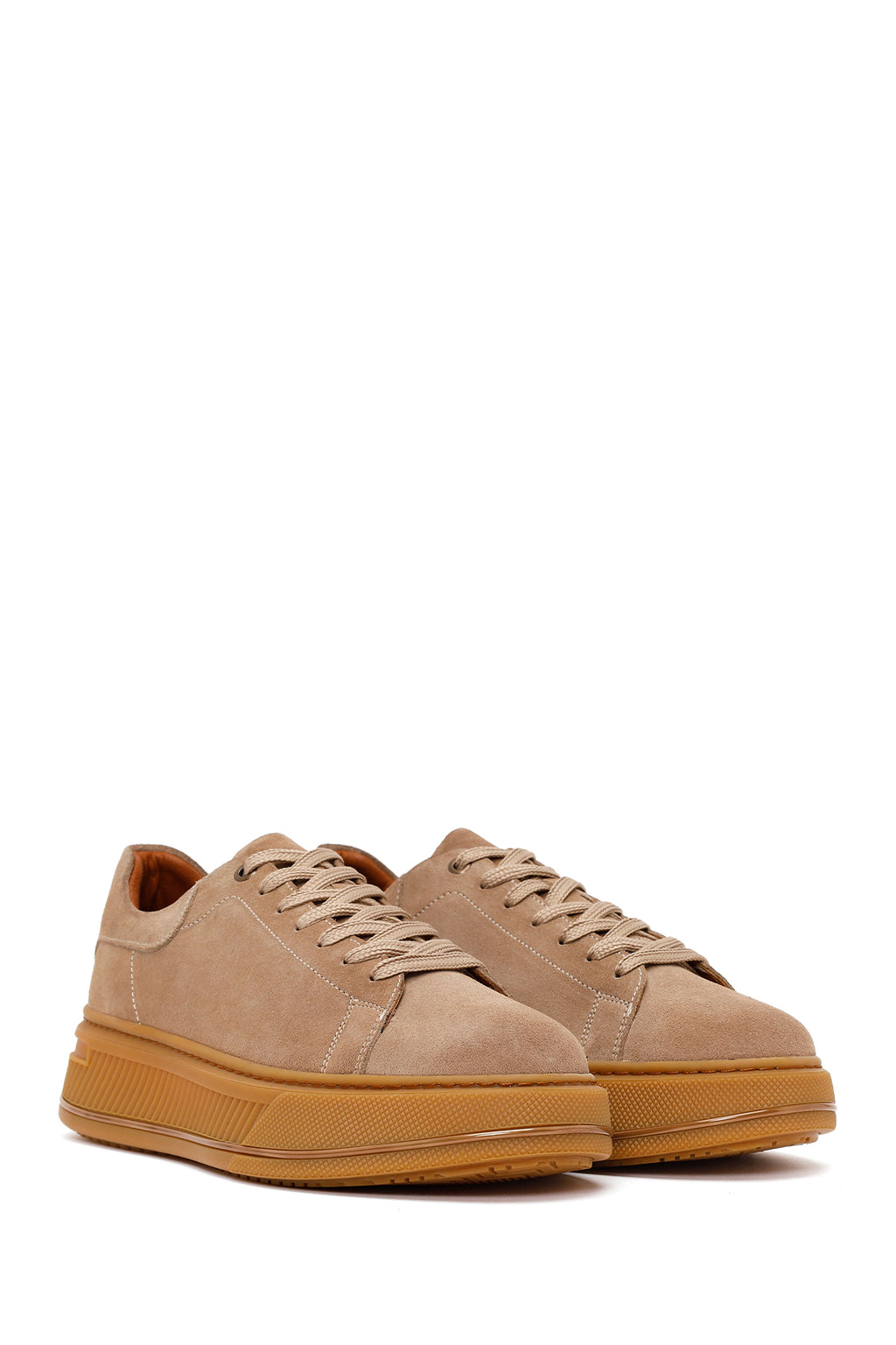 Erkek Bej Bağcıklı Kalın Tabanlı Süet Deri Sneaker
