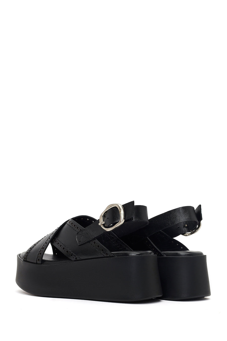 Women's Black Ankle Buckle Platform Wedge Leather Sandals