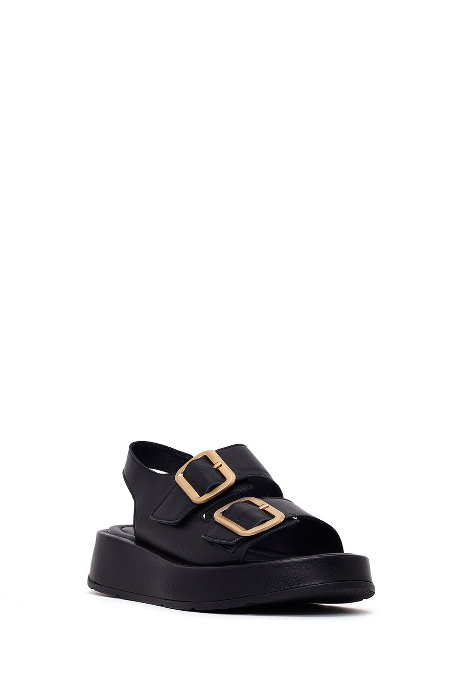 Woman Black Double-Buckle Thick-Soled Leather Comfort Sandals