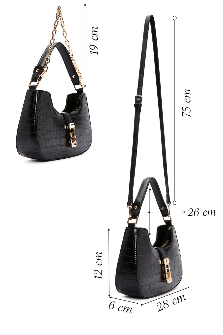 Women's Black Long Strap Crocodile Handbag