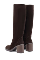 Woman Brown Zippered Chunky Heel Suede Leather Boot | Derimod