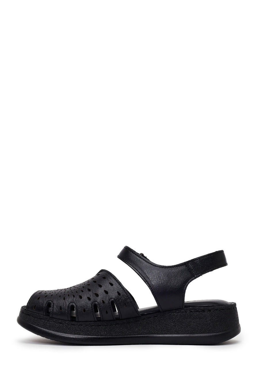 Woman Black Patterned Thick-Soled Leather Comfort Sandal