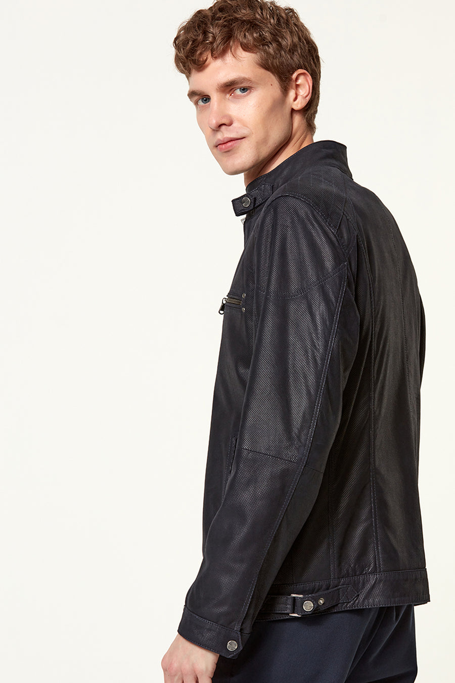 Maxim Men's Navy Blue Suede Printed Leather Jacket