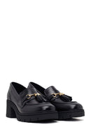 Woman Black Chunky-Heeled Buckled Leather Loafer | Derimod
