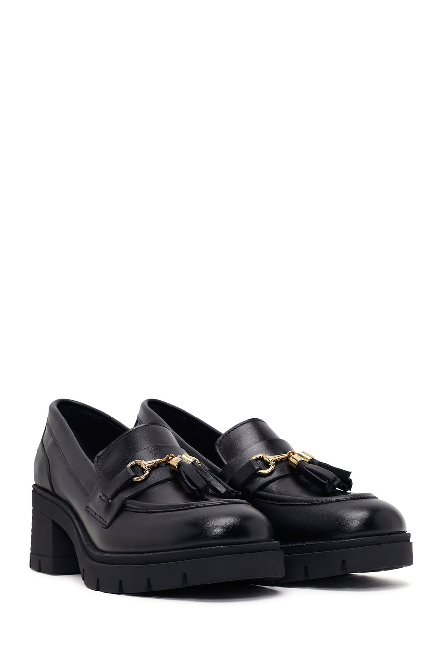 Woman Black Chunky-Heeled Buckled Leather Loafer
