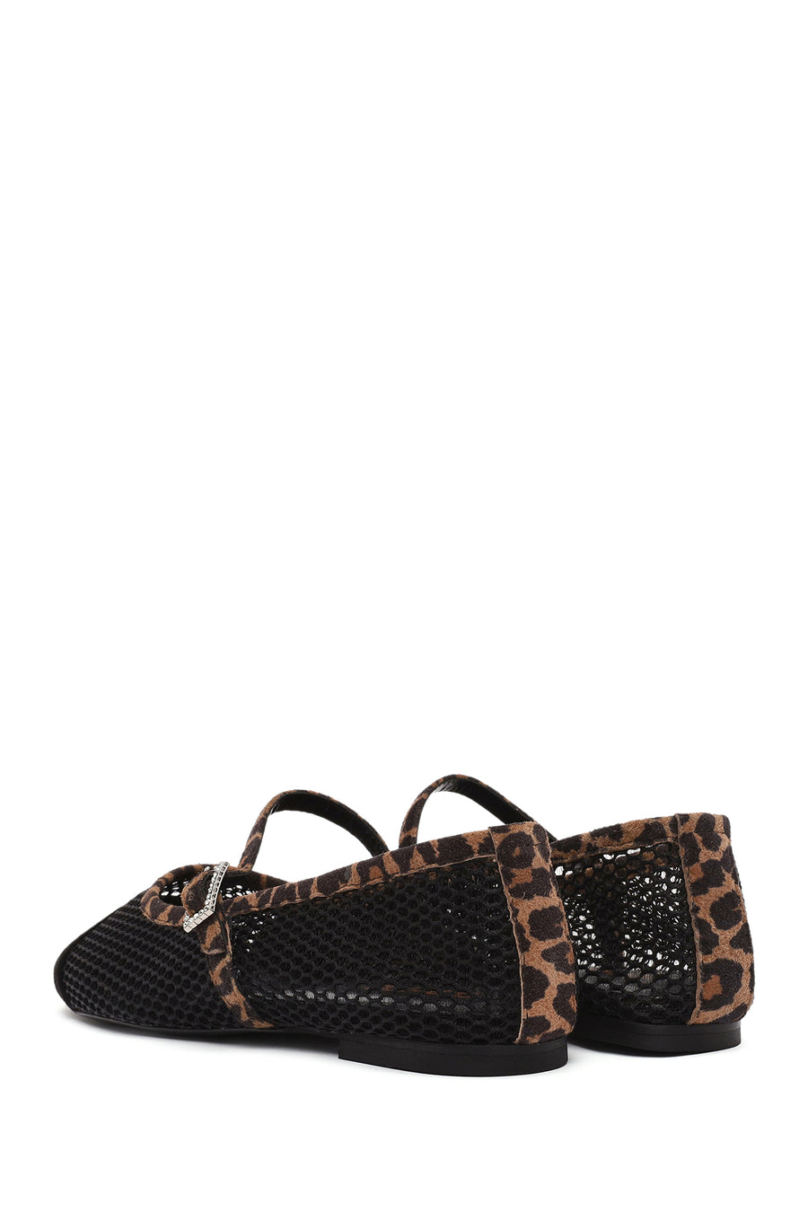 Women's Black Leopard Patterned Buckled Mesh Leather Ballerinas