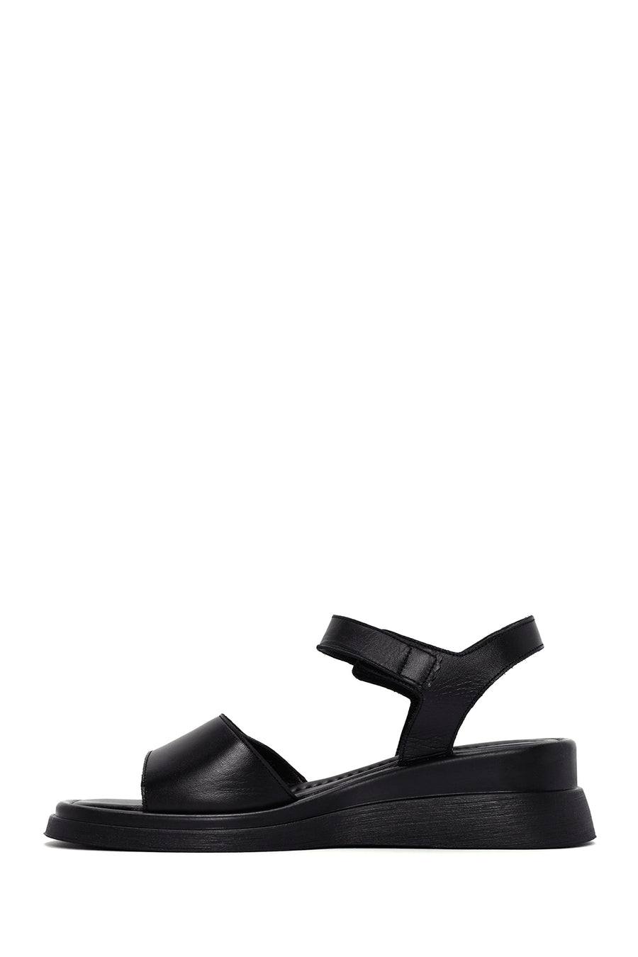 Women's Black Wedge Heeled Leather Sandals