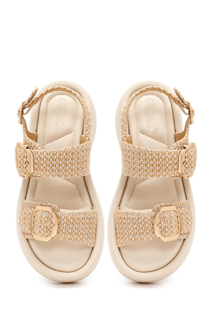 Women's Beige Double Buckle Thick-Soled Braided Sandals