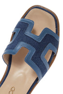 Women's Blue Patterned Leather Slippers | Derimod