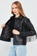 Luna Women's Black Tassel Detailed Leather Jacket | Derimod