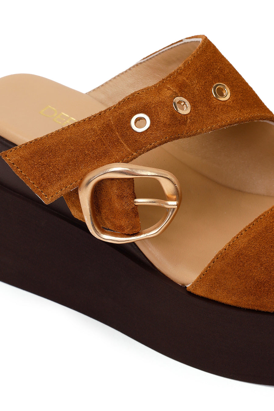 Woman Tan Buckled Wedge Heel Suede Slipper