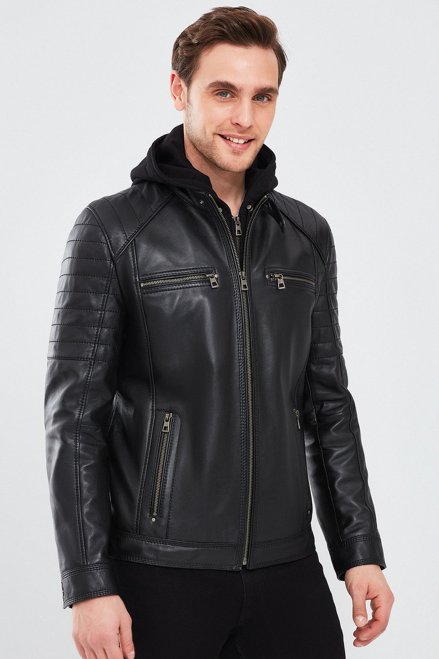 Sergio Men's Black Hooded Sports Leather Coat