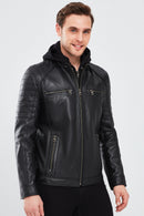 Sergio Men's Black Hooded Sports Leather Coat | Derimod