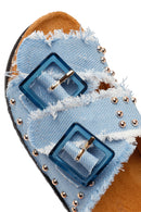 Women's Blue Double Buckle Studded Fabric Slippers | Derimod