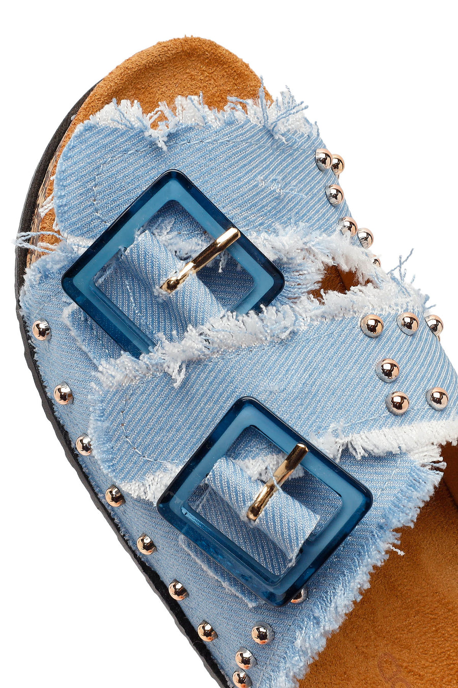 Women's Blue Double Buckle Studded Fabric Slippers
