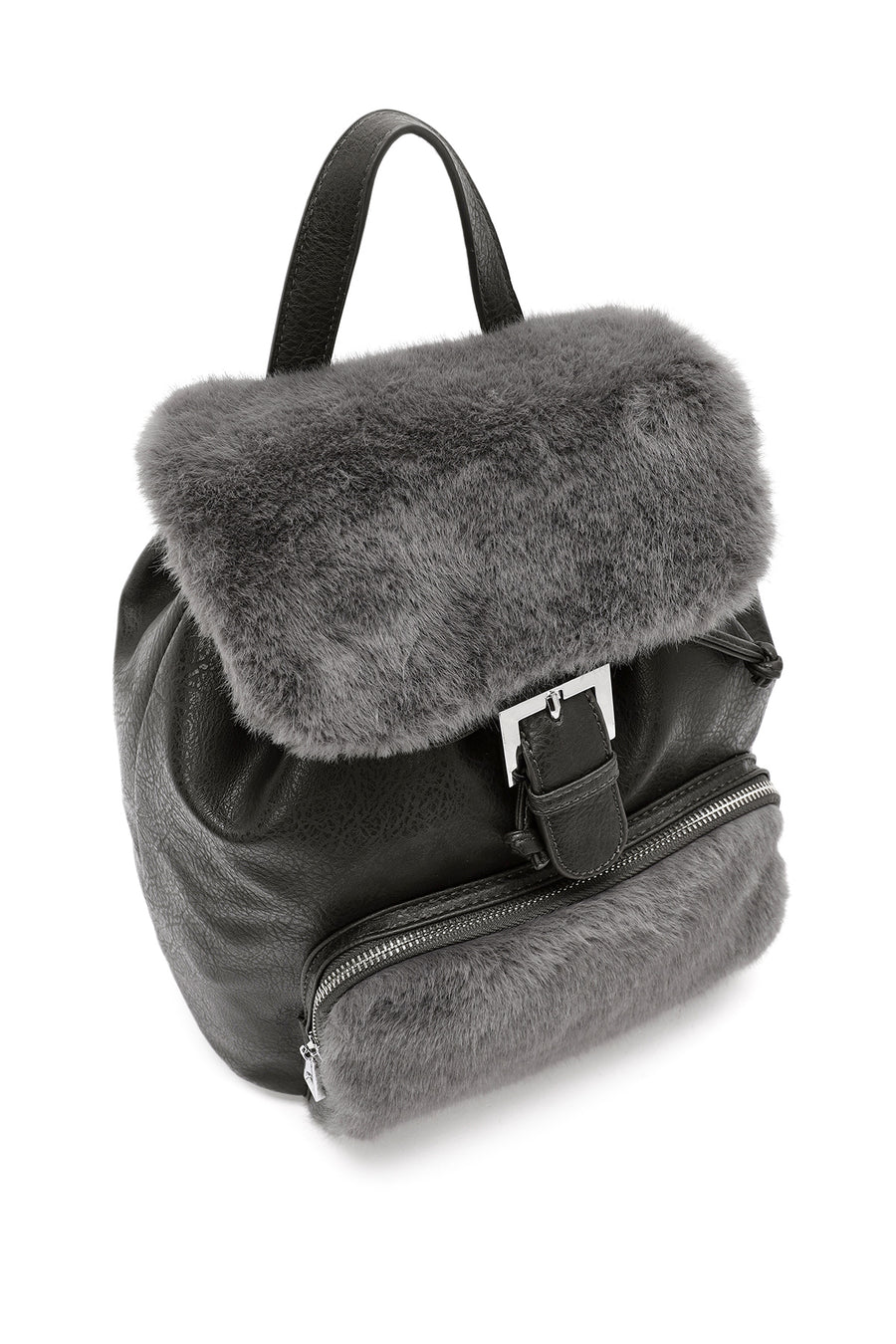 Women's Gray Plush Detailed Backpack