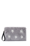 Women's Gray Long Chain Strap Star Pattern Plush Clutch Bag | Derimod