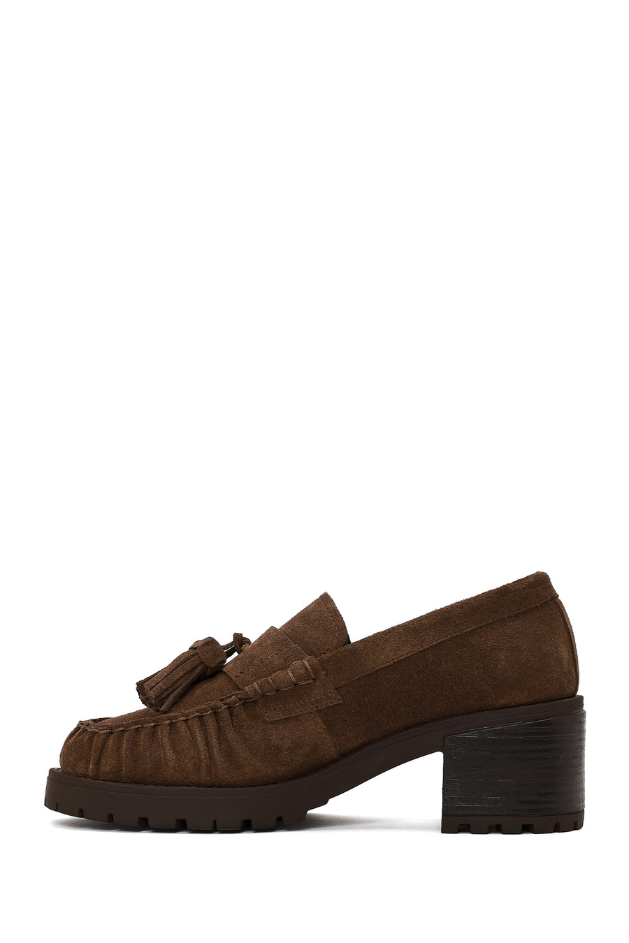 Woman Walnut Tassel Chunky Heeled Suede Loafer