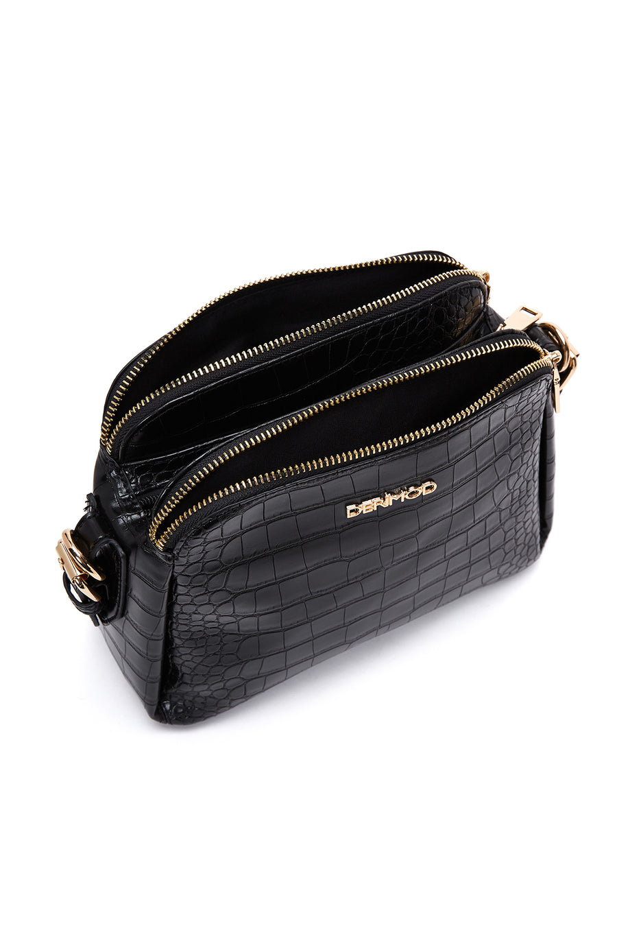 Women's Black Long Strap Crocodile Patterned Crossbody Bag