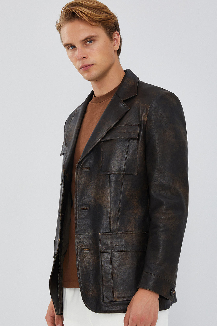 Kane Men's Brown Vintage Blazer Safari Leather Jacket