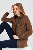 Western Women's Brown Shirt Style Suede Leather Jacket | Derimod