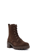 Women's Brown Zippered Thick Heel Nubuck Leather Boots | Derimod