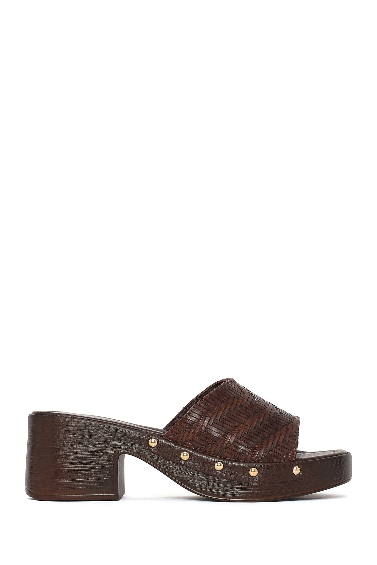Women's Brown Patterned Short Chunky Heel Leather Slippers 26SFD240026 | Derimod