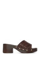Women's Brown Patterned Short Chunky Heel Leather Slippers | Derimod