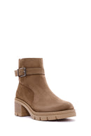 Women's Brown Zippered Thick Heel Suede Leather Boots | Derimod