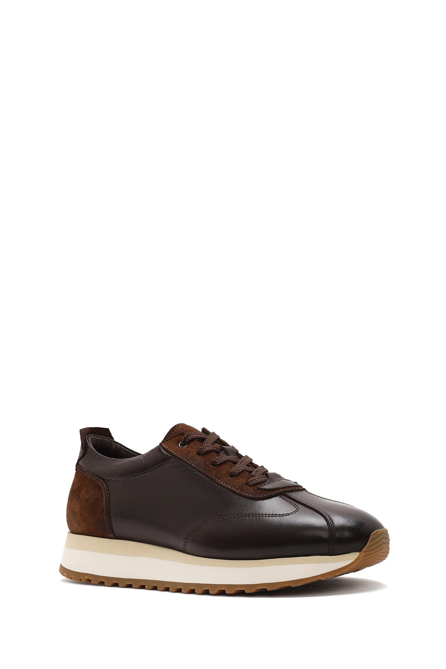 Men's Brown Lace-up Thick-Sole Leather Sneaker