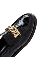 Women's Black Buckled Crocodile Patterned Leather Masculine Loafer | Derimod