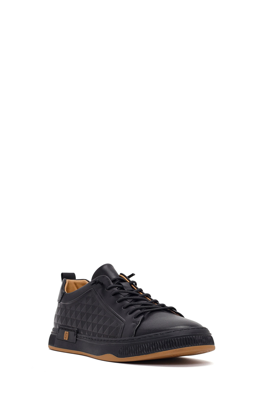 Erkek Siyah Bağcıklı Baskılı Deri Sneaker