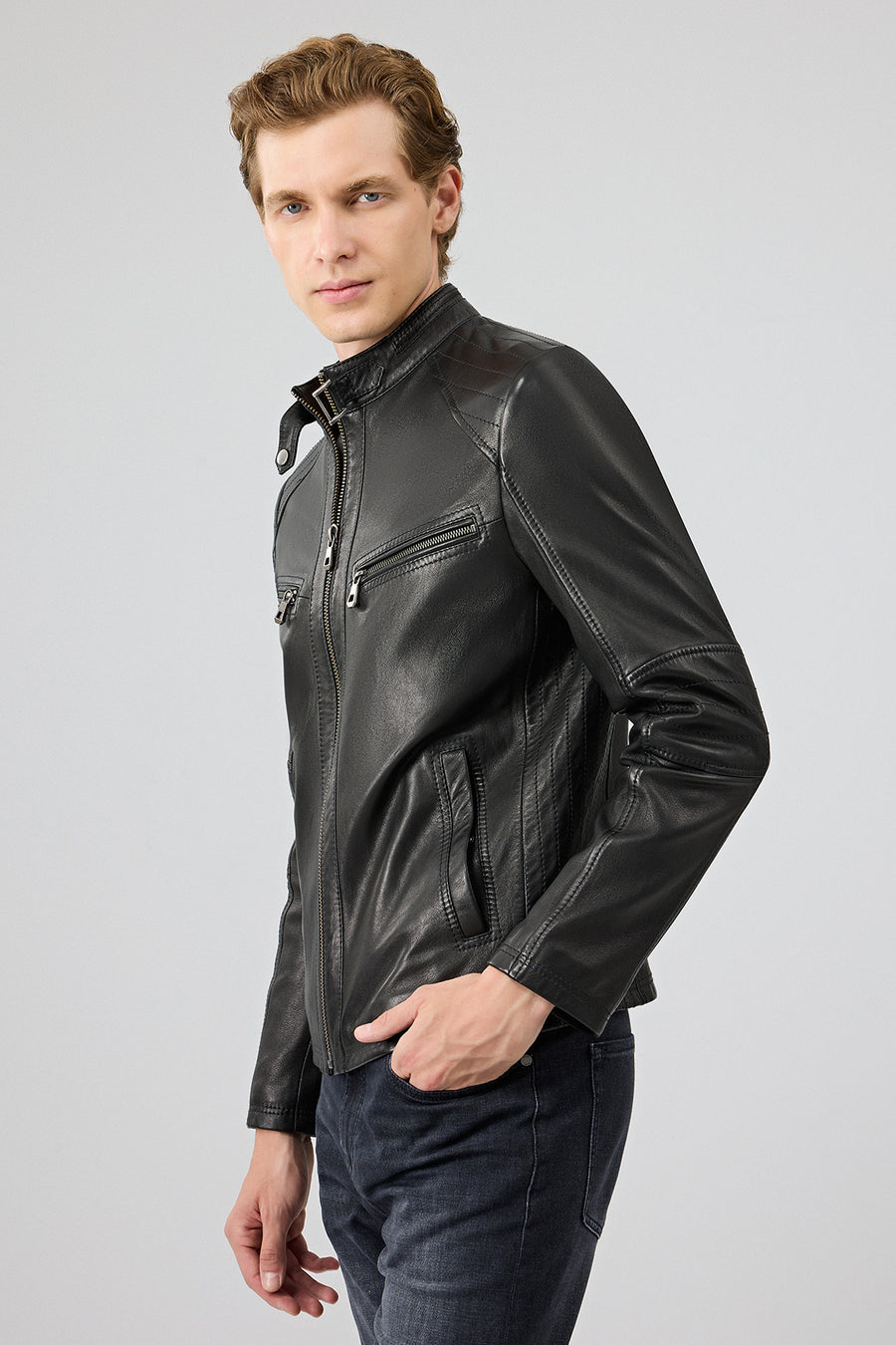 Jefferson Men's Black Stand Collar Slim-Fit Leather Jacket