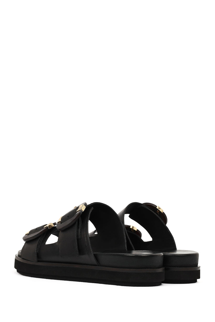 Women's Black Double Buckled Leather Slippers