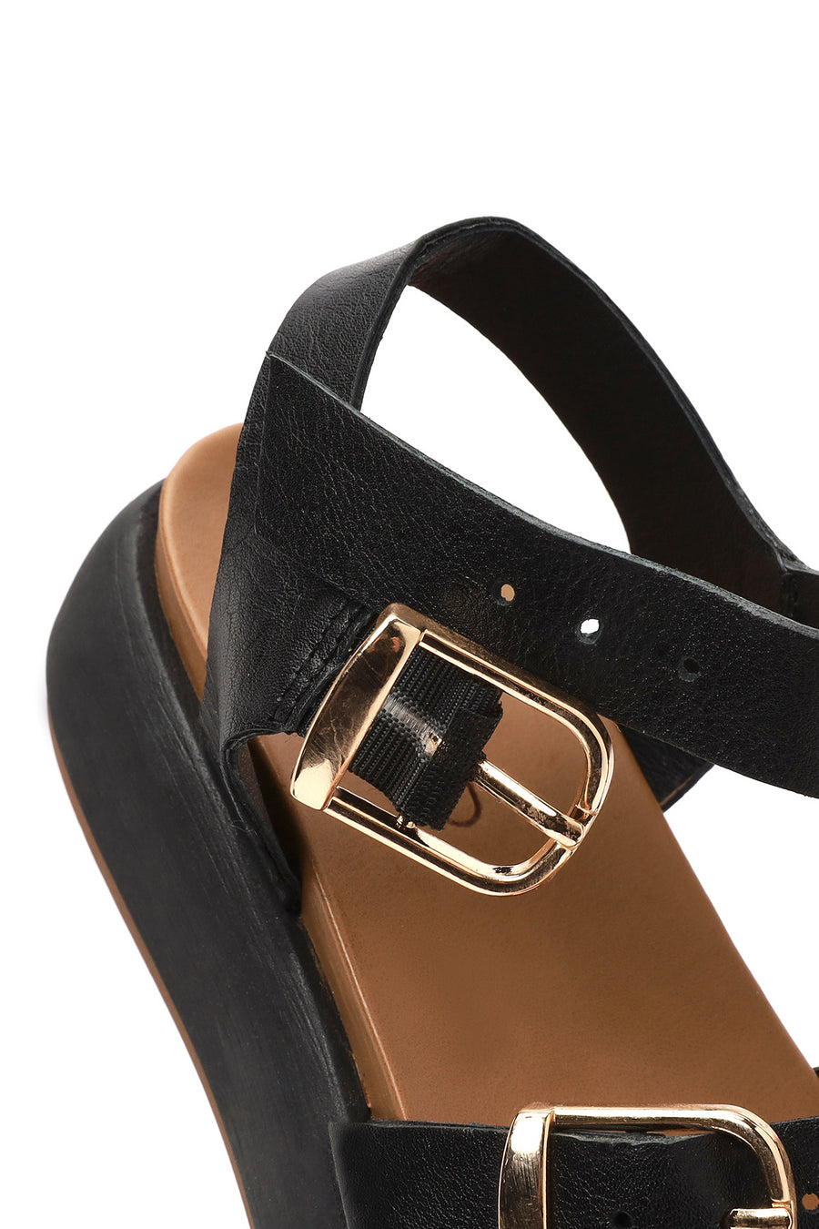 Women's Black Buckled Thick Soled Leather Sandals