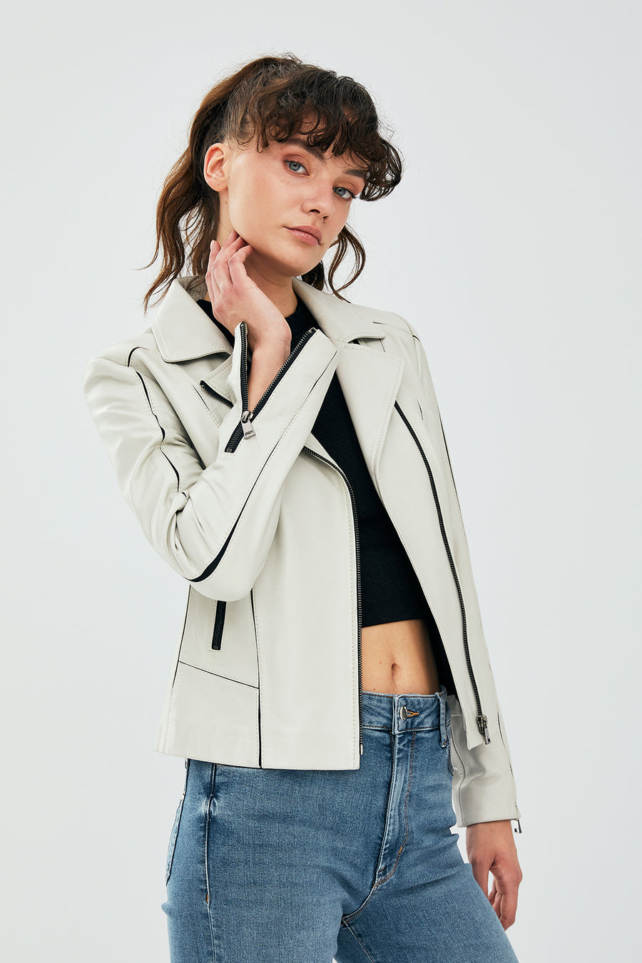 Kiara Women's Beige Slim-Fit Biker Leather Jacket