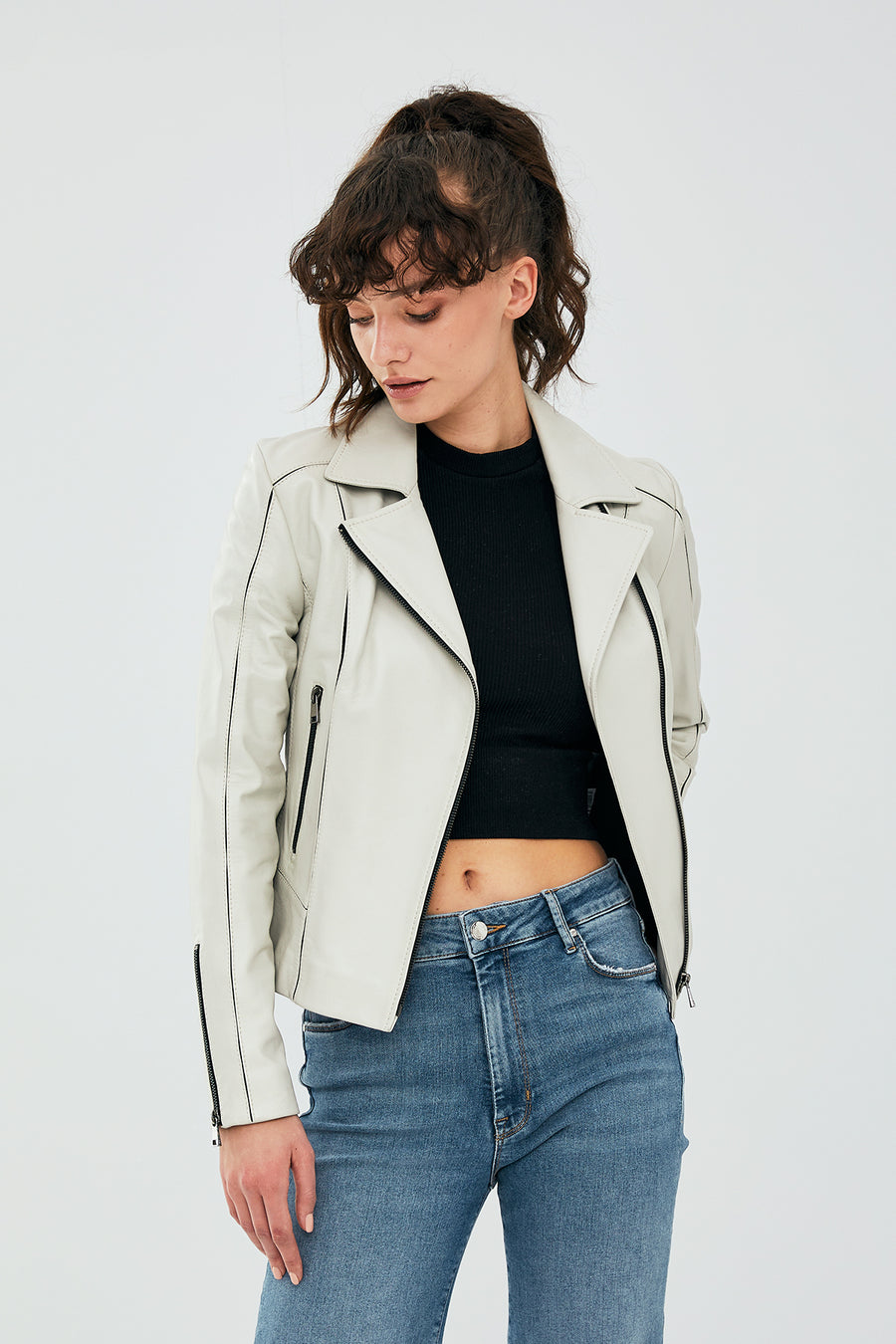 Kiara Women's Beige Slim-Fit Biker Leather Jacket
