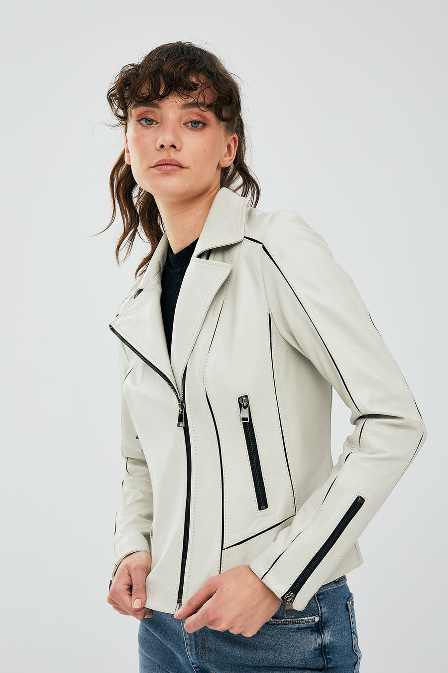 Kiara Women's Beige Slim-Fit Biker Leather Jacket