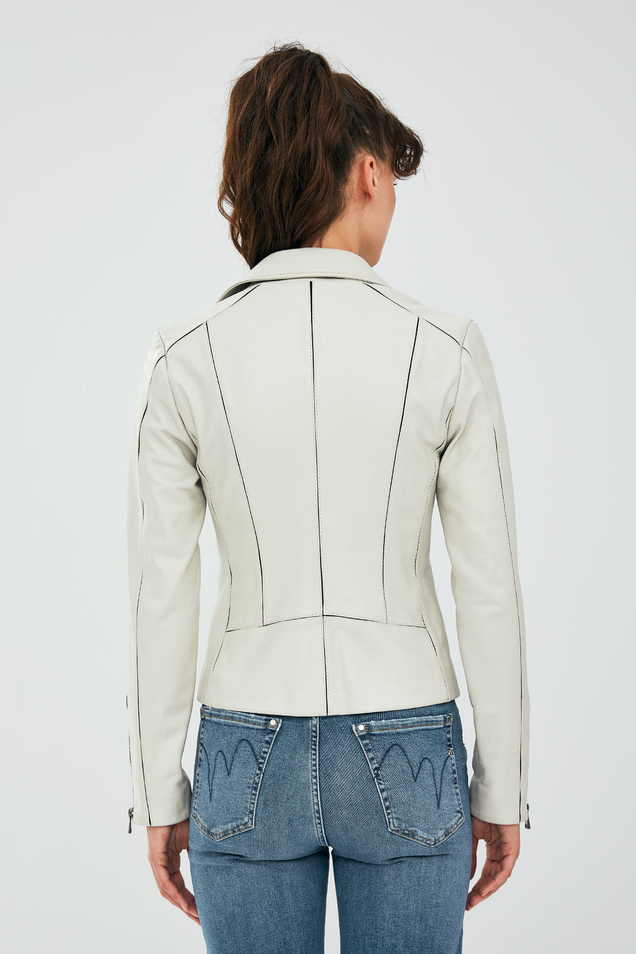 Kiara Women's Beige Slim-Fit Biker Leather Jacket