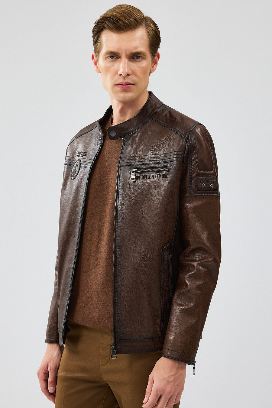 Kawhi Men's Brown Slim-Fit Embroidered Leather Coat