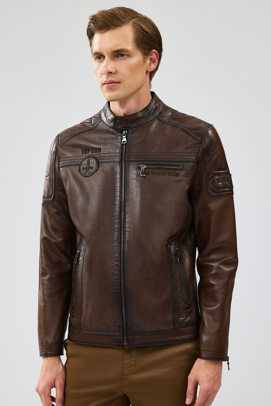Kawhi Men's Brown Slim-Fit Embroidered Leather Coat
