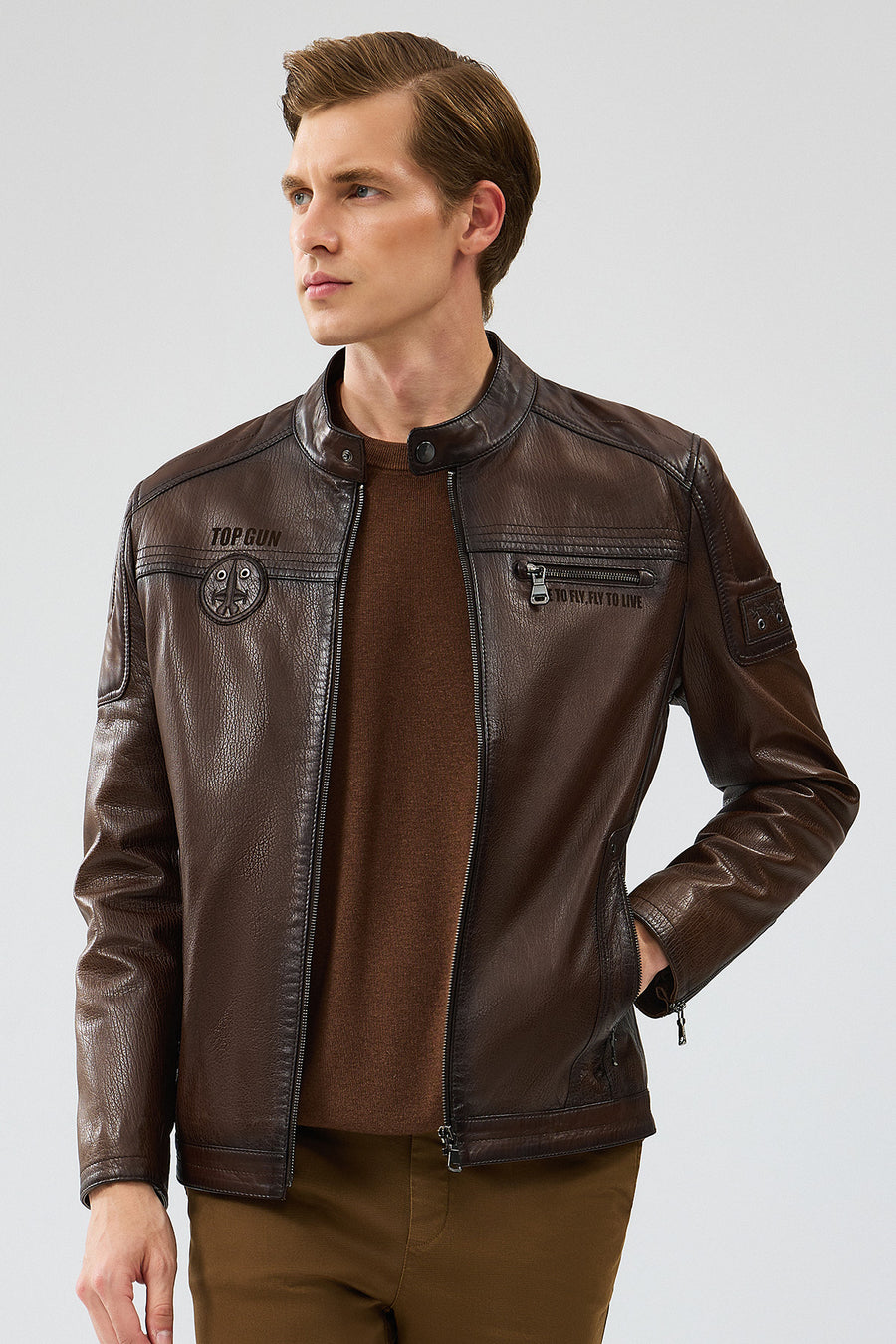 Kawhi Men's Brown Slim-Fit Embroidered Leather Coat