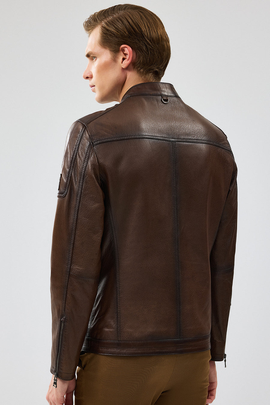 Kawhi Men's Brown Slim-Fit Embroidered Leather Coat