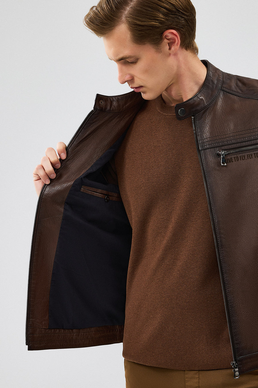 Kawhi Men's Brown Slim-Fit Embroidered Leather Coat