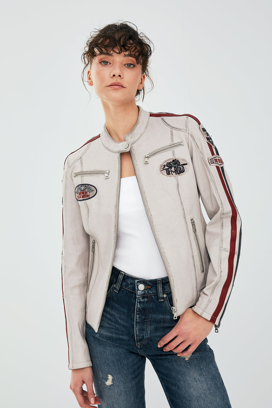 Ladyracer Kadın Beyaz Armalı Spor Deri Mont 20WGD589851 | Derimod