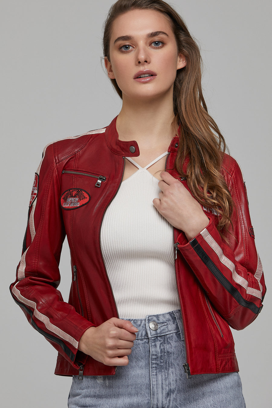 Ladyracer Women's Red Embroidered Sports Leather Coat 20WGD589851 | Derimod